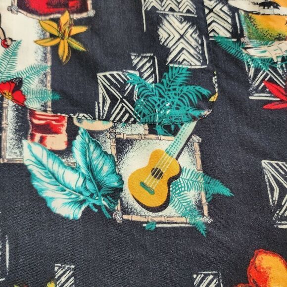 Aloha Shirt Mens Large Multicolor Tiki Hula Girl Ukuleles Short Sleeve Button Up - Picture 6 of 8